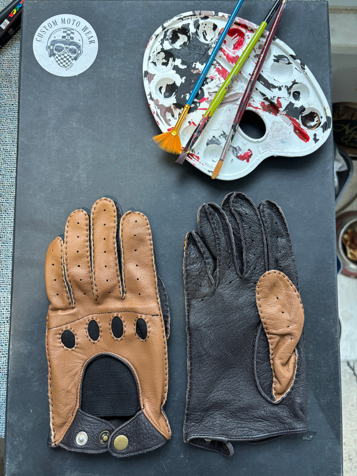 Erkek Siyah ve Taba Deri Biker Eldiveni - Custom Gloves
